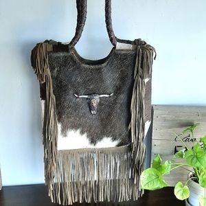 Genuine Cow Hair on Hide, Leather, and Suede Fringe Purse